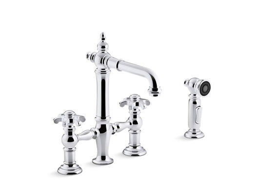 KOHLER K-76520-3M-CP Artifacts Deck-mount bridge bar sink faucet with prong handles and sidespray