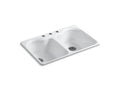KOHLER K-5818-3-0 Hartland 33" x 22" x 9-5/8" top-mount double-equal kitchen sink with 3 faucet holes