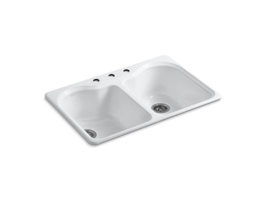 KOHLER K-5818-3-0 Hartland 33" x 22" x 9-5/8" top-mount double-equal kitchen sink with 3 faucet holes
