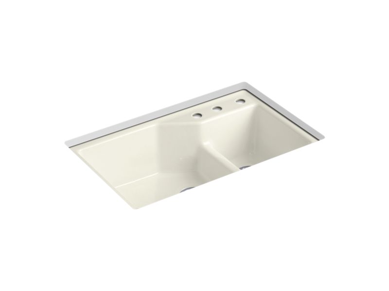 KOHLER K-6411-3-96 Indio 33" x 21-1/8" x 9-3/4" Smart Divide undermount double-bowl large/small workstation kitchen sink with three-hole faucet holes