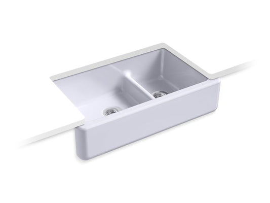 KOHLER K-6427-GRL Whitehaven 35-11/16" x 21-9/16" x 9-5/8" Smart Divide undermount double-bowl large/medium farmhouse kitchen sink with tall apron