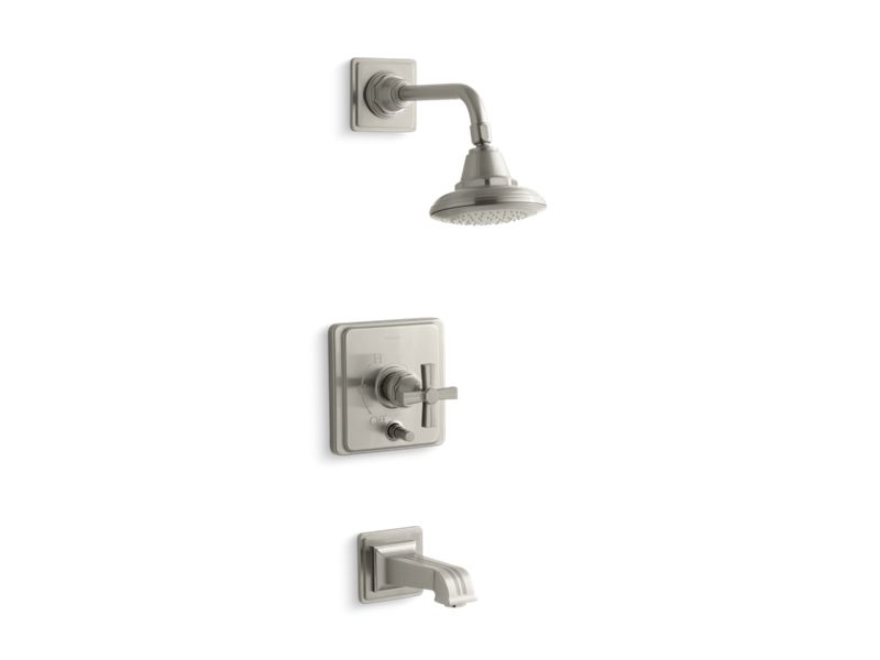 KOHLER Pinstripe K-T13133-3B-BN Vibrant Brushed Nickel Rite-Temp pressure-balancing bath and shower faucet trim with cross handle, valve not included