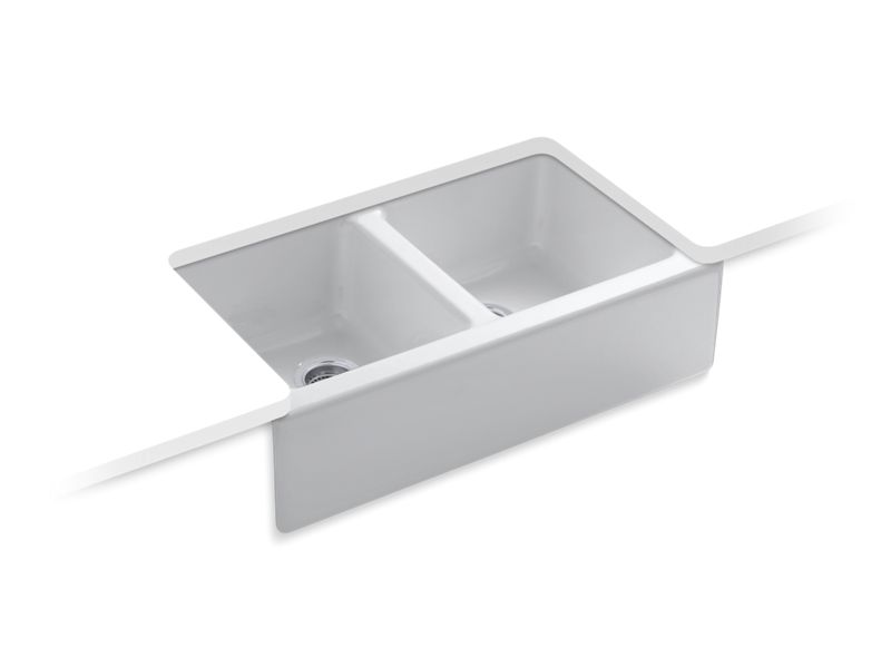 KOHLER K-6534-4U-0 Hawthorne 33" x 22-1/8" x 8-5/8" undermount double-equal farmhouse kitchen sink with 4 oversize faucet holes