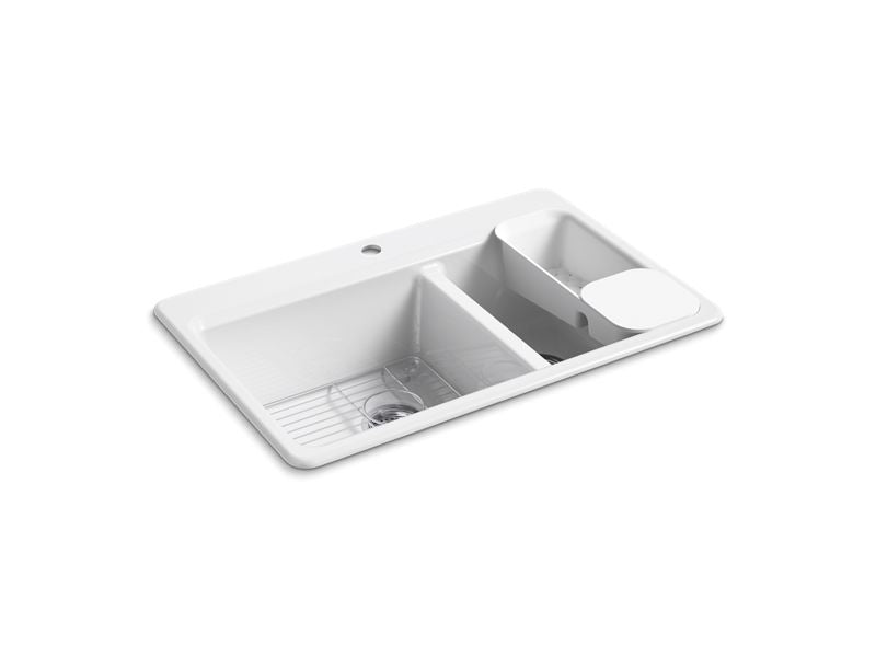 KOHLER K-8669-1A2-0 White Riverby 33" top-mount double-bowl workstation kitchen sink