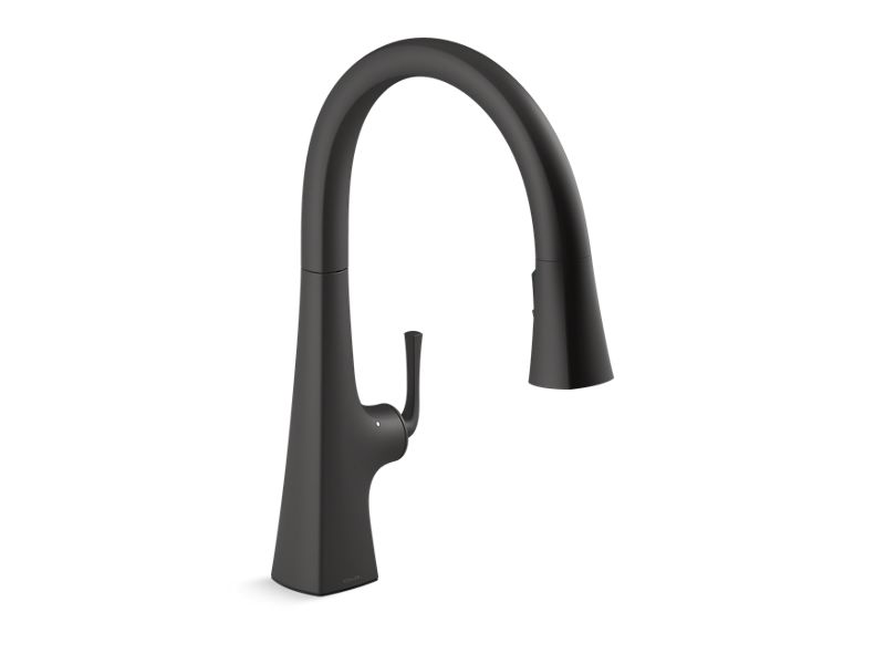 KOHLER K-22068-BL Matte Black Graze Touchless pull-down kitchen sink faucet with three-function sprayhead
