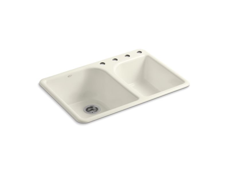 KOHLER K-5932-4-96 Executive Chef 33" x 22" x 10-5/8" top-mount large/medium, high/low double-bowl kitchen sink with 4 faucet holes