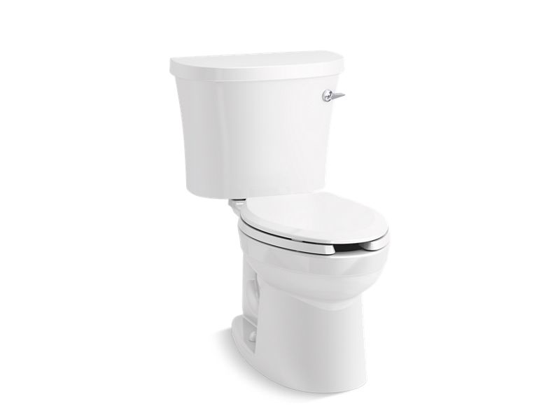 KOHLER K-25077-SSTR-0 White Kingston Two-piece elongated 1.28 gpf chair height toilet with right-hand trip lever, tank cover locks and antimicrobial finish