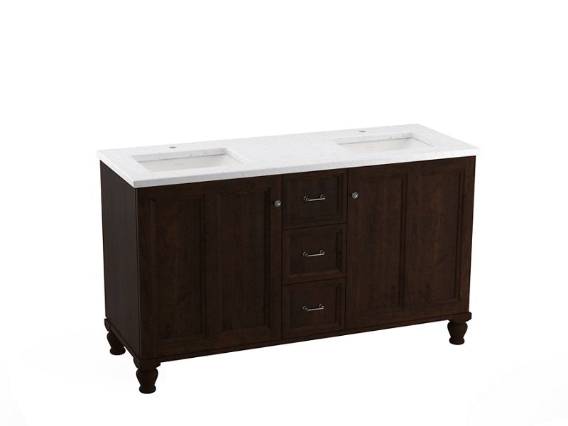 KOHLER K-CM99524-BD1-1WB Damask 60" Bathroom Vanity Cabinet With Sinks And Quartz Top In Claret Suede