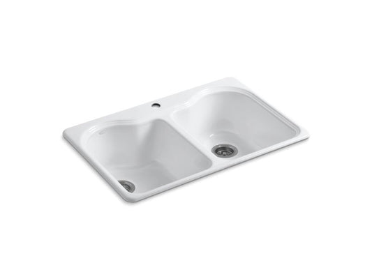 KOHLER K-5818-1-0 White Hartland 33" x 22" x 9-5/8" top-mount double-equal kitchen sink with single faucet hole