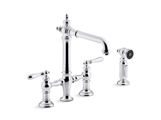 KOHLER K-76519-4-CP Polished Chrome Artifacts Two-hole bridge kitchen sink faucet with sidesprayer