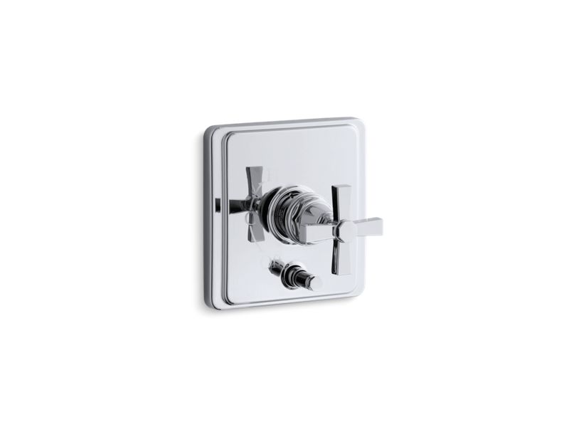 KOHLER K-T98757-3A-CP Polished Chrome Pinstripe Rite-Temp pressure-balancing valve trim with diverter and plain cross handle, valve not included