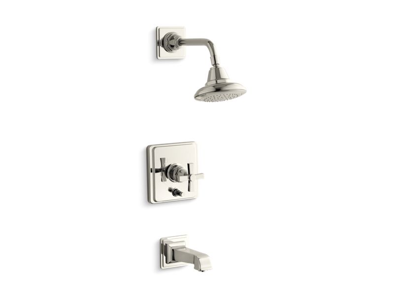 KOHLER K-T13133-3A-SN Vibrant Polished Nickel Pinstripe Pure Rite-Temp pressure-balancing bath and shower faucet trim with cross handle, valve not included