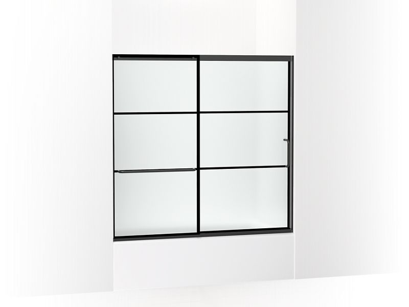 KOHLER K-707618-8G80-BL Matte Black Elate Sliding bath door, 56-3/4" H x 56-1/4 - 59-5/8" W with heavy 5/16" thick Frosted glass with rectangular grille pattern