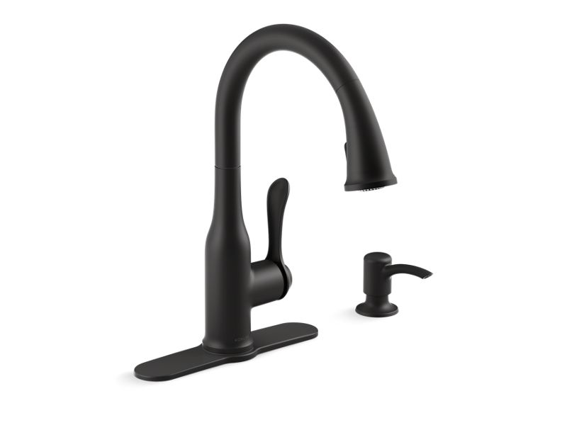 KOHLER K-REC23863-SD-BL Matte Black Motif Pull-down kitchen faucet with soap/lotion dispenser