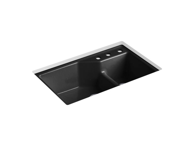 KOHLER K-6411-3-7 Indio 33" x 21-1/8" x 9-3/4" Smart Divide undermount double-bowl large/small workstation kitchen sink with three-hole faucet holes