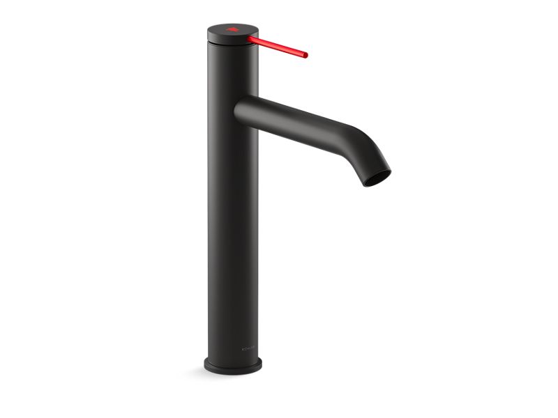 KOHLER K-77959-4AMU-BLR Matte Black with Red Accents Components Tall single-handle bathroom sink faucet with pin handle, 1.2 gpm