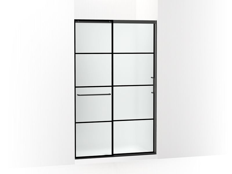 KOHLER K-707613-8G80-BL Matte Black Elate Tall Sliding shower door, 75-1/2" H x 44-1/4 - 47-5/8" W, with heavy 5/16" thick Frosted glass with rectangular grille pattern