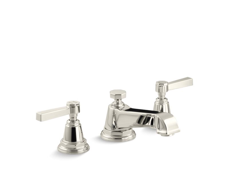 KOHLER K-13132-4A-SN Vibrant Polished Nickel Pinstripe Widespread bathroom sink faucet with lever handles, 1.2 gpm