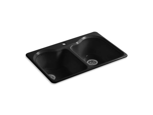 KOHLER K-5818-1-7 Black Black Hartland 33" x 22" x 9-5/8" top-mount double-equal kitchen sink with single faucet hole