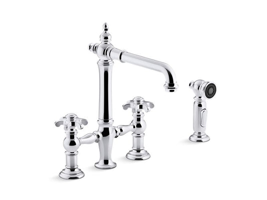 KOHLER K-76519-3M-CP Artifacts deck-mount bridge kitchen sink faucet with prong handles and sidespray