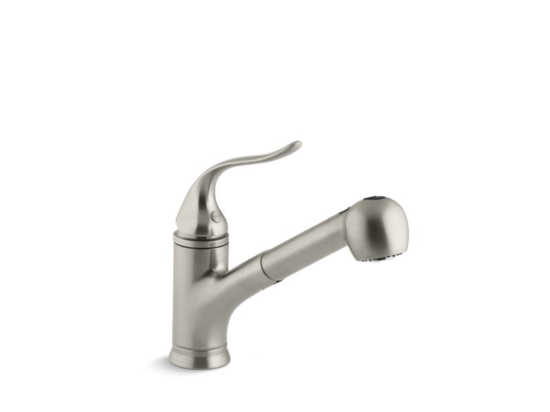 KOHLER K-15160-BN Coralais single-hole or three-hole kitchen sink faucet with pull-out matching color sprayhead, 9" spout reach and lever handle