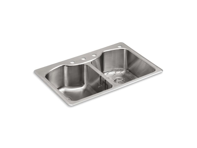KOHLER K-3842-4-NA Octave 33" x 22" x 9-5/16" dual-mount double-equal stainless steel kitchen sink with four faucet holes