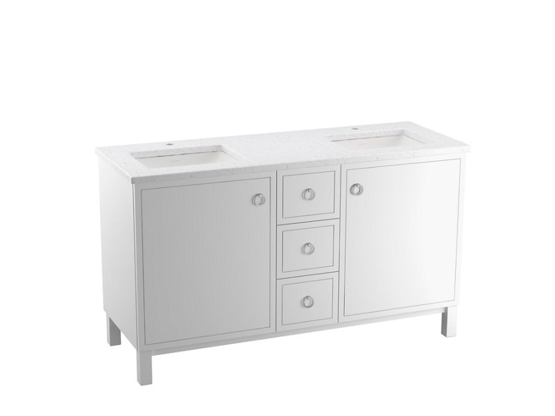 KOHLER K-CM99511-BD1-1WA Jacquard 60" Bathroom Vanity Cabinet With Sinks And Quartz Top In Linen White