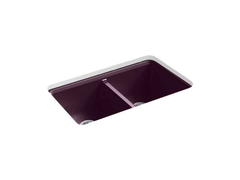 KOHLER K-8679-5UA3-PLM Riverby 33" x 22" x 9-5/8" undermount double-equal workstation kitchen sink with accessories and 5 oversized faucet holes