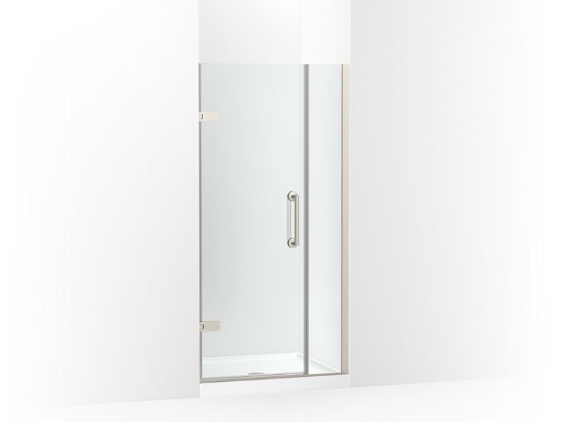 KOHLER K-27589-10L-BNK Anodized Brushed Nickel Components Frameless pivot shower door, 71-9/16" H x 33-5/8 - 34-3/8" W, with 3/8" thick Crystal Clear glass