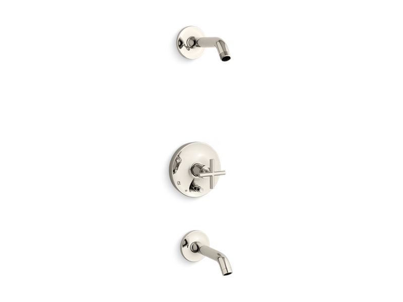 KOHLER K-T14420-3L-SN Vibrant Polished Nickel Purist Rite-Temp bath and shower trim set with push-button diverter and cross handle, less showerhead