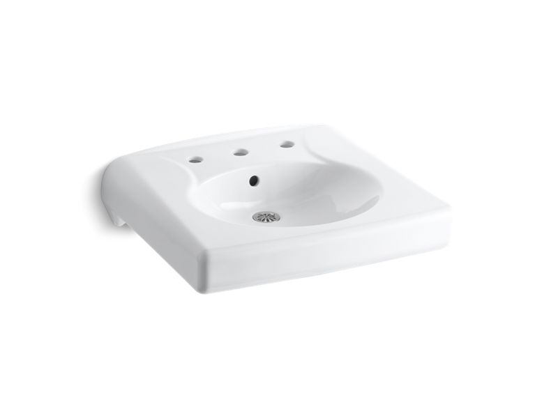KOHLER K-1997-SS8-0 White Brenham Wall-mount or concealed carrier arm mount commercial bathroom sink with widespread faucet holes, antimicrobial finish