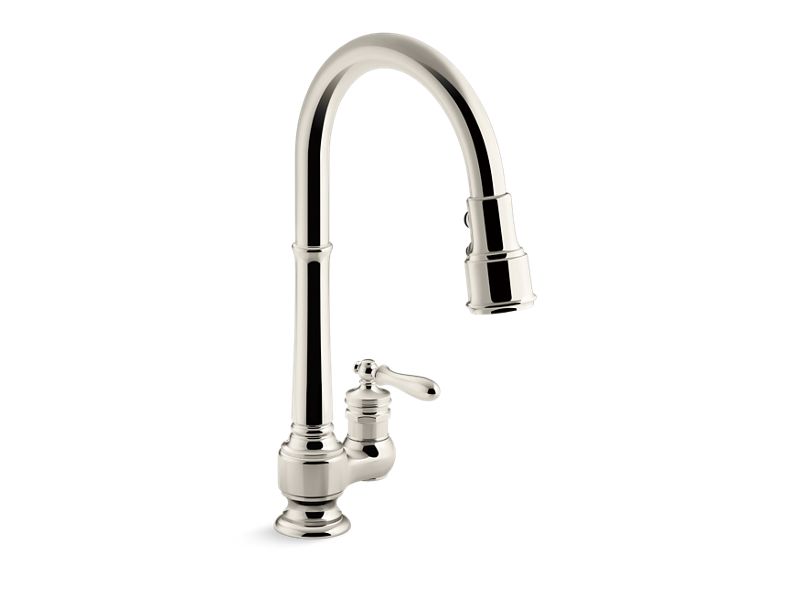 KOHLER K-99260-SN Vibrant Polished Nickel Artifacts Pull-down kitchen sink faucet with three-function sprayhead