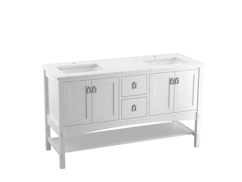 KOHLER K-CM99559-BD1-1WA Marabou 60" Bathroom Vanity Cabinet With Sinks And Quartz Top In Linen White