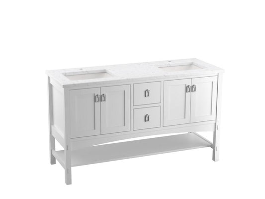 KOHLER K-CM99559-BD1-1WA Marabou 60" Bathroom Vanity Cabinet With Sinks And Quartz Top In Linen White