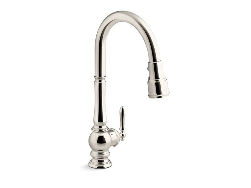 KOHLER K-29709-WB-SN Vibrant Polished Nickel Artifacts Touchless pull-down kitchen sink faucet with KOHLER Konnect and three-function sprayhead