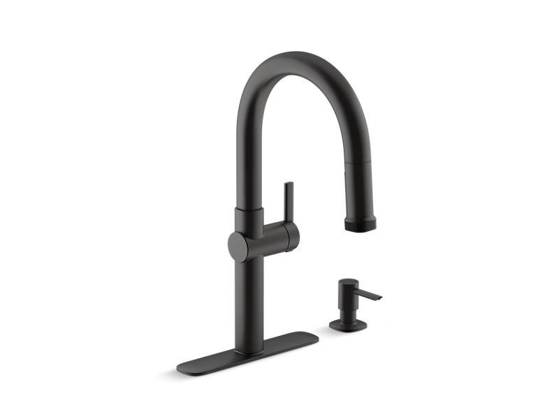 KOHLER K-R22153-SD-BL Matte Black Rune Pull-down kitchen faucet with soap/lotion dispenser