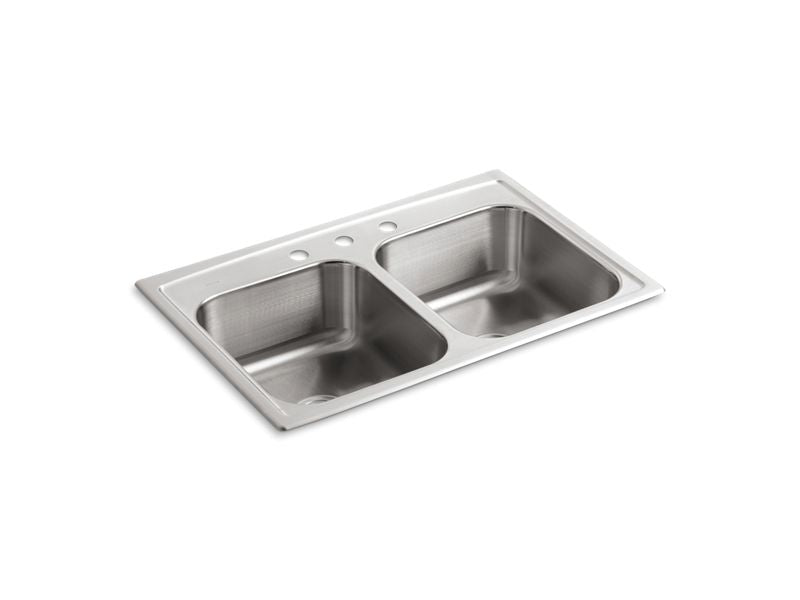 KOHLER K-3346-3-NA Toccata 33" x 22" x 8-3/16" top-mount double-equal bowl kitchen sink with 3 faucet holes