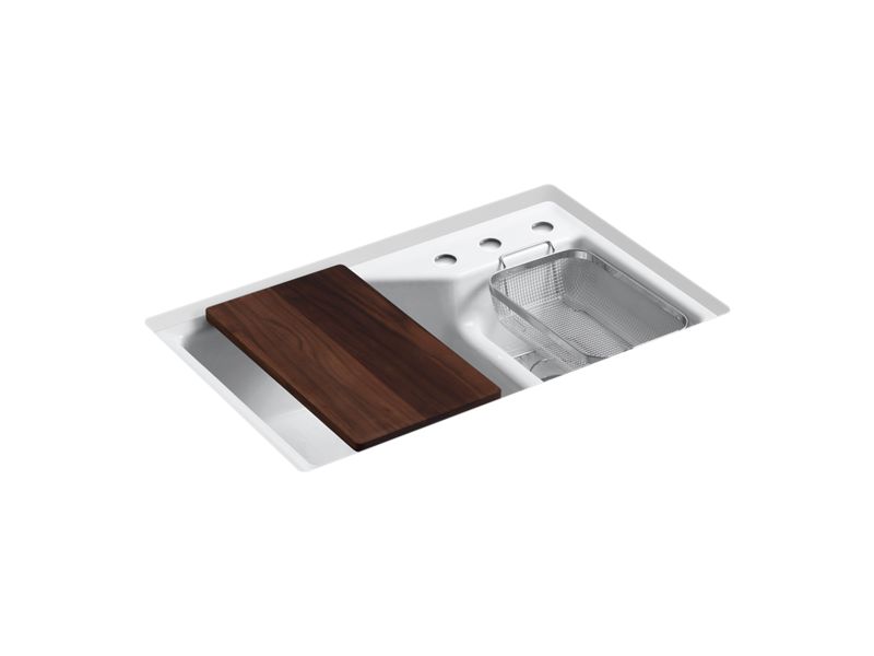 KOHLER K-6411-3-0 Indio 33" x 21-1/8" x 9-3/4" Smart Divide undermount double-bowl large/small workstation kitchen sink with three-hole faucet holes