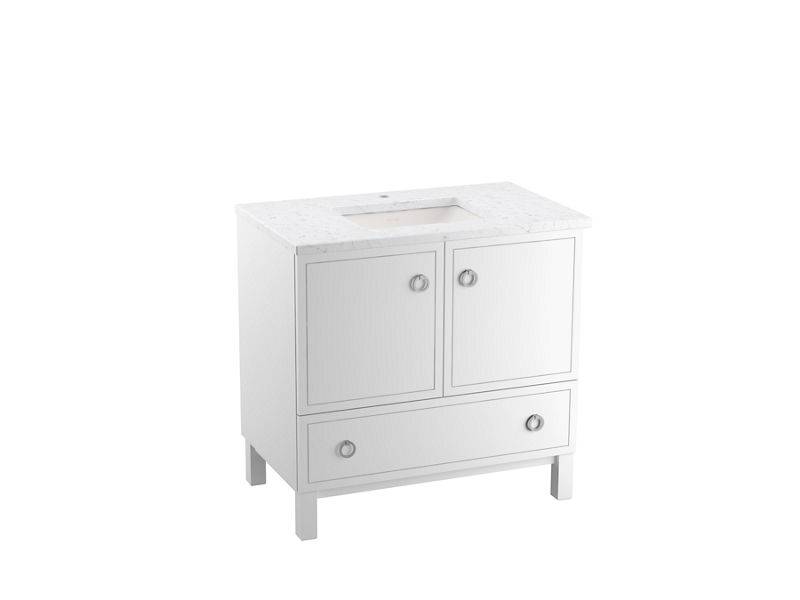 KOHLER K-CM99506-BD1-1WA Jacquard 36" Bathroom Vanity Cabinet With Sink And Quartz Top In Linen White