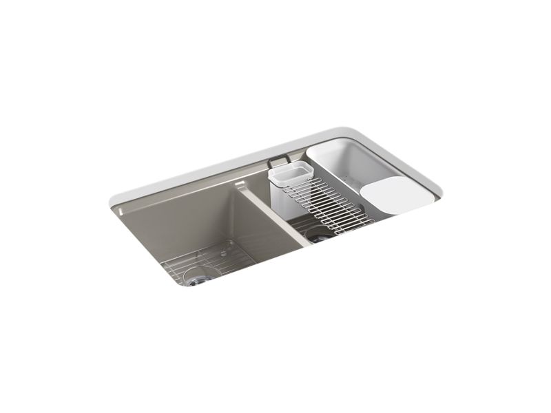 KOHLER K-8679-5UA3-K4 Riverby 33" x 22" x 9-5/8" undermount double-equal workstation kitchen sink with accessories and 5 oversized faucet holes