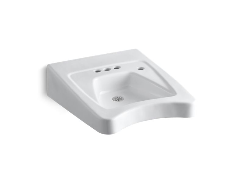KOHLER K-12636-R-0 White Morningside 20" x 27" wall-mount/concealed arm carrier wheelchair bathroom sink with 4" centerset faucet holes and right-hand soap dispenser hole