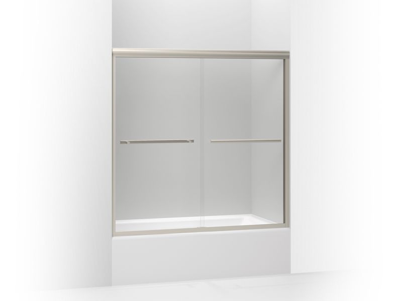 KOHLER K-709062-L-MX Gradient Sliding bath door, 58-1/16" H x 56-5/8 - 59-5/8" W, with 1/4" thick Crystal Clear glass