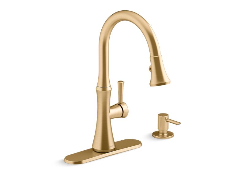 KOHLER K-R28706-SD-2MB Kaori Pull-down kitchen sink faucet with soap/lotion dispenser In Vibrant Brushed Moderne Brass