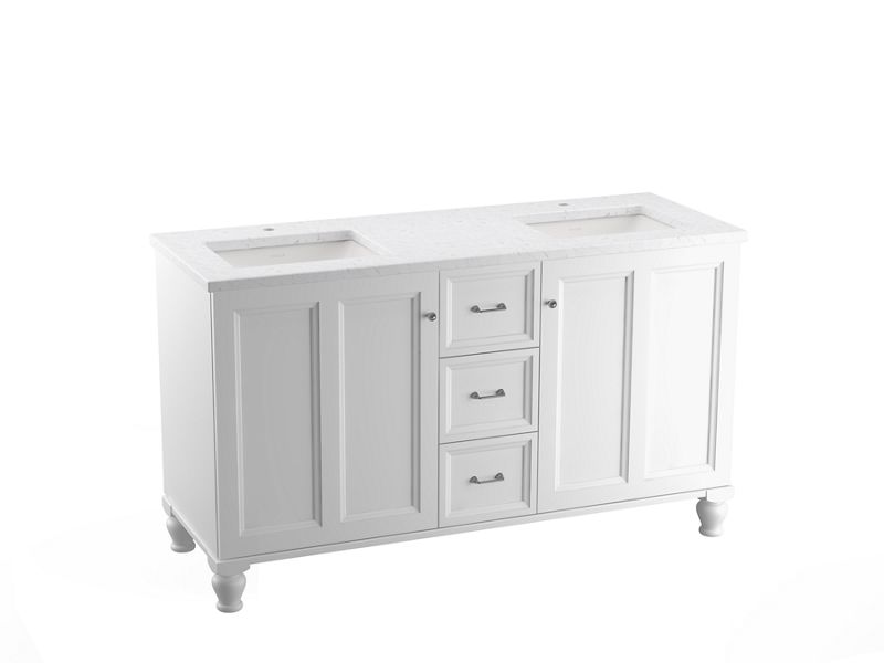 KOHLER K-CM99524-BD1-1WA Damask 60" Bathroom Vanity Cabinet With Sinks And Quartz Top In Linen White