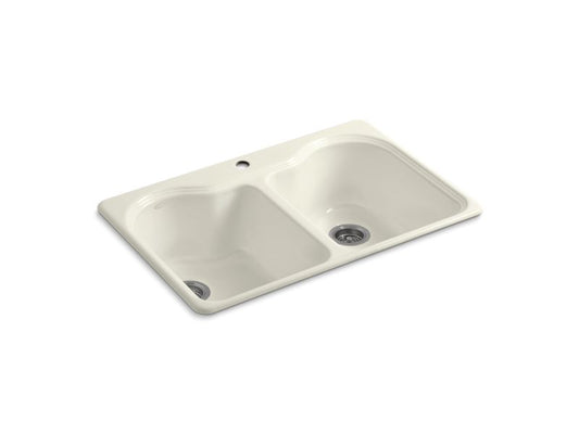 KOHLER K-5818-1-96 Biscuit Hartland 33" x 22" x 9-5/8" top-mount double-equal kitchen sink with single faucet hole