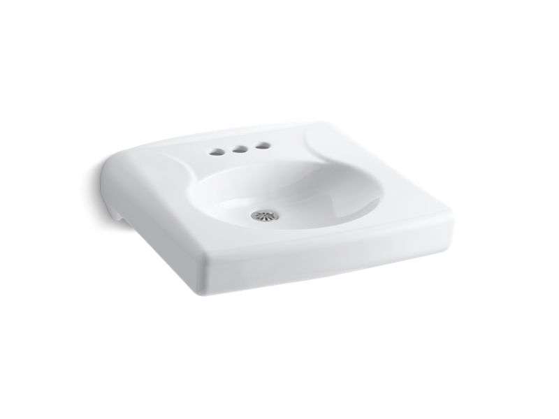 KOHLER K-1997-SS4N-0 White Brenham Wall-mount or concealed carrier arm mount commercial bathroom sink with 4" centerset faucet holes and no overflow, antimicrobial finish
