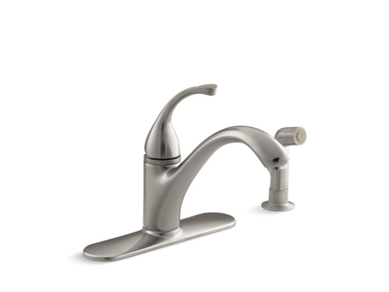 KOHLER K-10412-VS Forte 4-hole kitchen sink faucet with 9-1/16" spout, matching finish sidespray