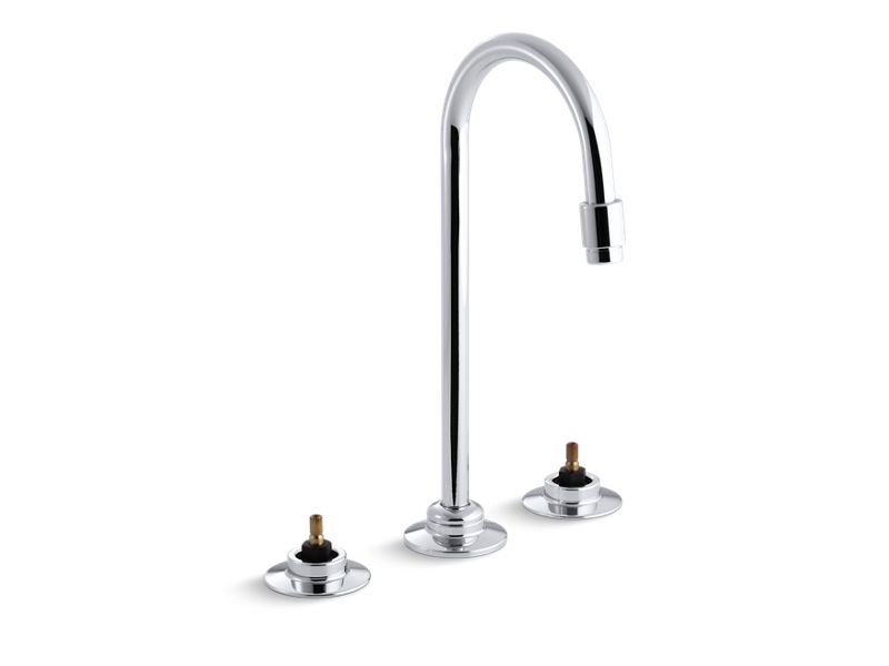 KOHLER K-7304-KE-CP Triton Widespread commercial bathroom sink faucet with rigid connections and gooseneck spout with vandal-resistant aerator, requires handles, drain not included