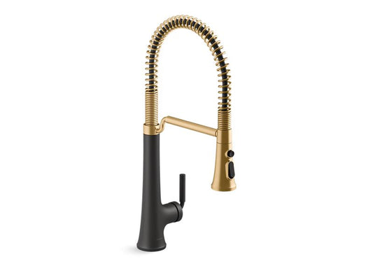 KOHLER K-23765-BMB Matte Black with Moderne Brass Tone Semi-professional pull-down kitchen sink faucet with three-function sprayhead