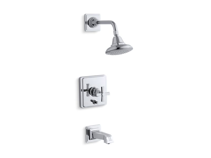 KOHLER Pinstripe K-T13133-3B-CP Polished Chrome Rite-Temp pressure-balancing bath and shower faucet trim with cross handle, valve not included